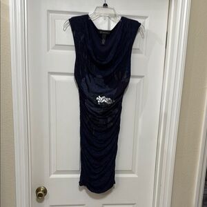 Connected Apparel Blue Midi Sheath Dress with abstract flower in the center